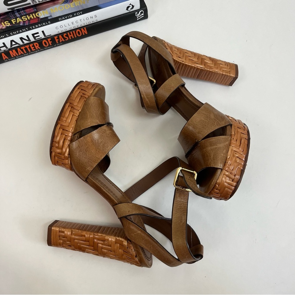 Tory Burch Heels Cella Cognac Leather Strappy Platforms Sandal - Picture 8 of 12
